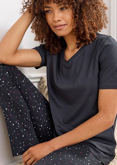 Cotton Traders Charcoal Grey Short Sleeve V Neck Jersey PJ Set