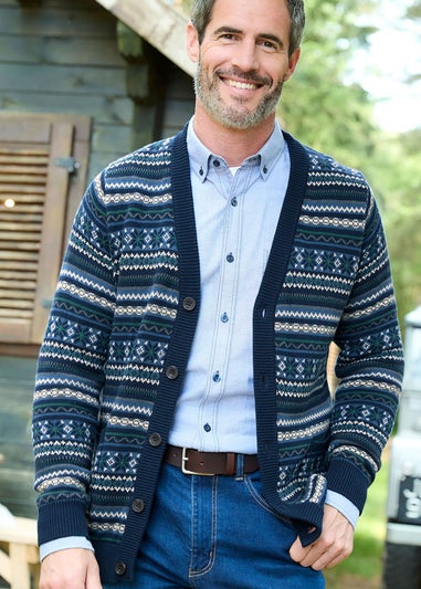 Cotton Traders Dark Blue Fair Isle Knit Button Through Cardigan