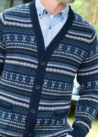 Cotton Traders Dark Blue Fair Isle Knit Button Through Cardigan