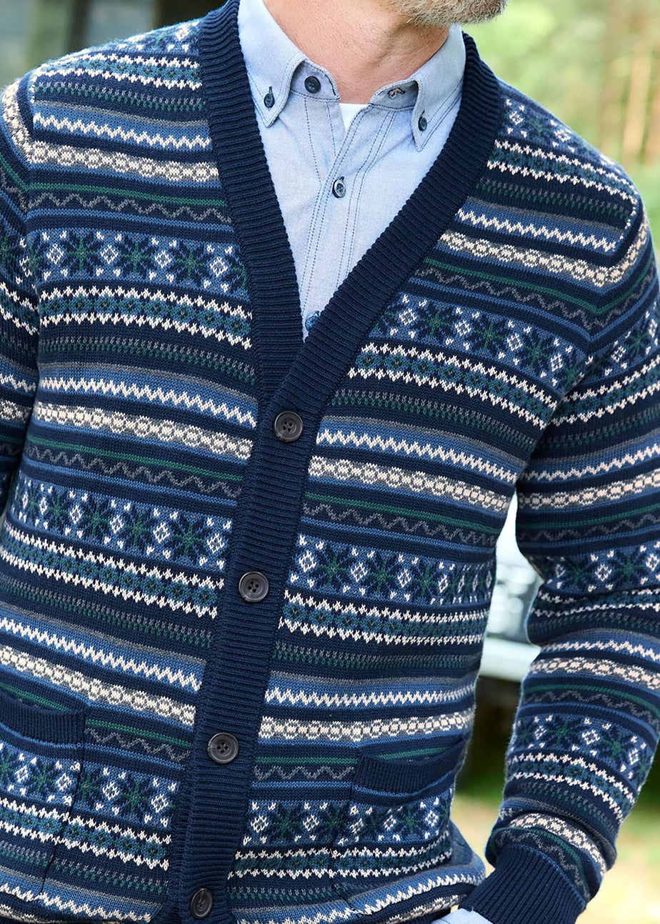 Cotton Traders Dark Blue Fair Isle Knit Button Through Cardigan