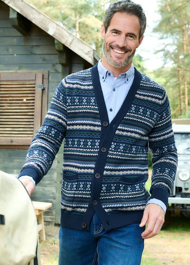 Cotton Traders Dark Blue Fair Isle Knit Button Through Cardigan
