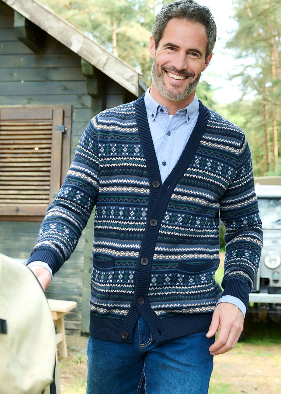 Cotton Traders Dark Blue Fair Isle Knit Button Through Cardigan
