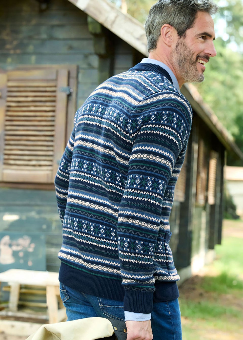 Cotton Traders Dark Blue Fair Isle Knit Button Through Cardigan