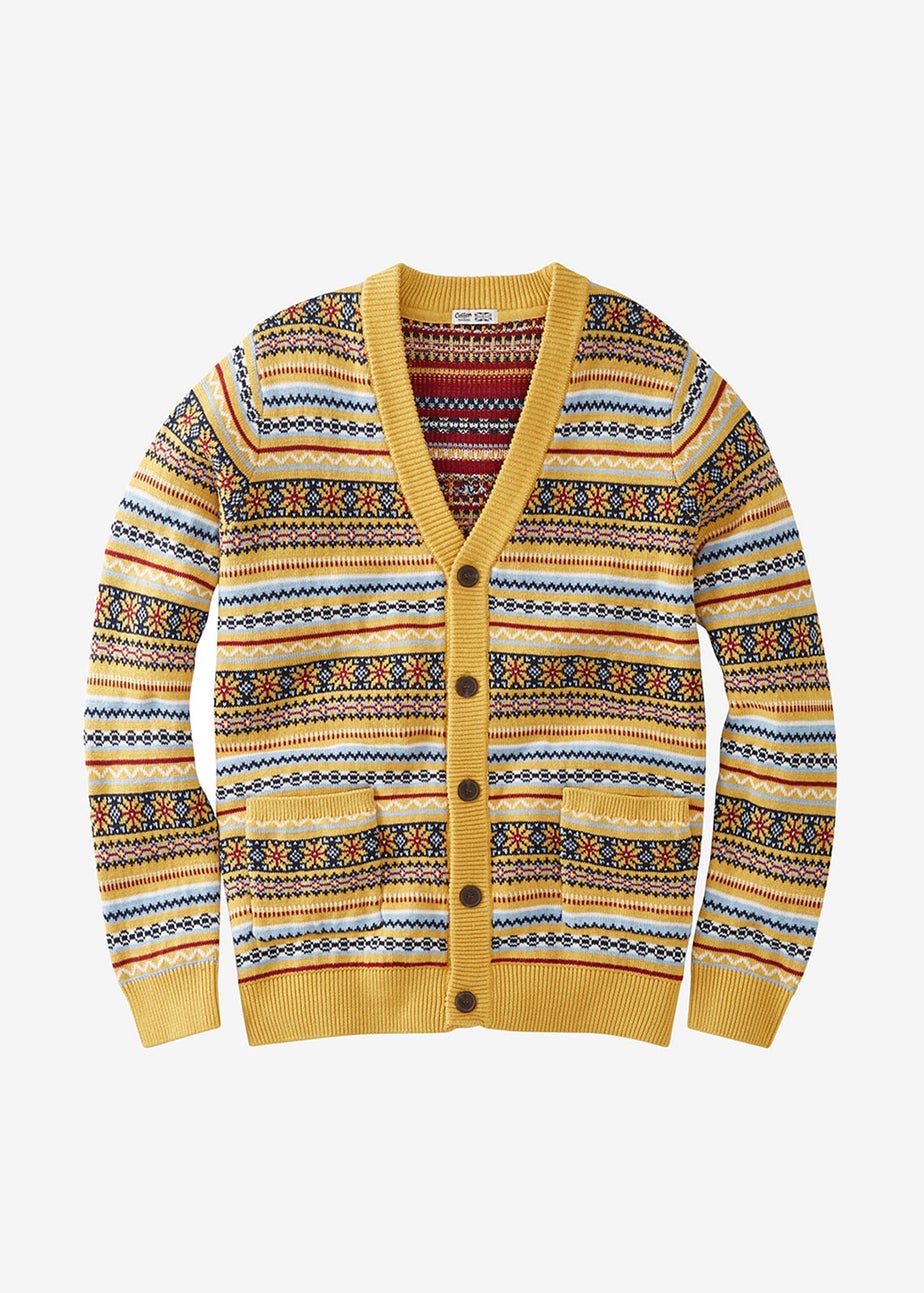 Cotton Traders Lemon Fair Isle Knit Button Through Cardigan