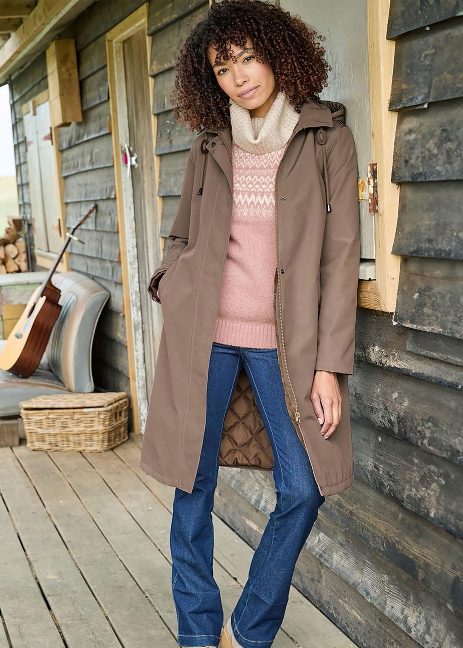 Cotton Traders Mocha All Weather Fleece Lined Long Waterproof Coat