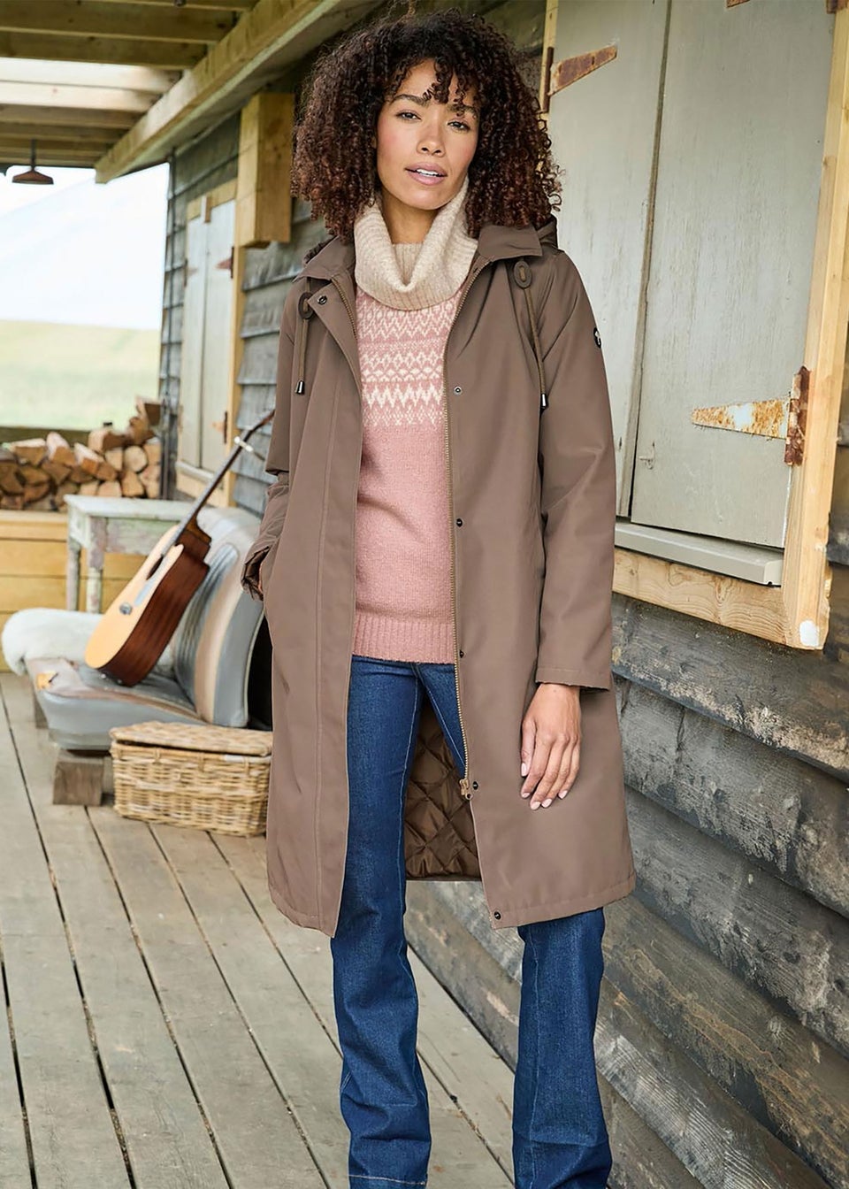 Cotton Traders Mocha All Weather Fleece Lined Long Waterproof Coat