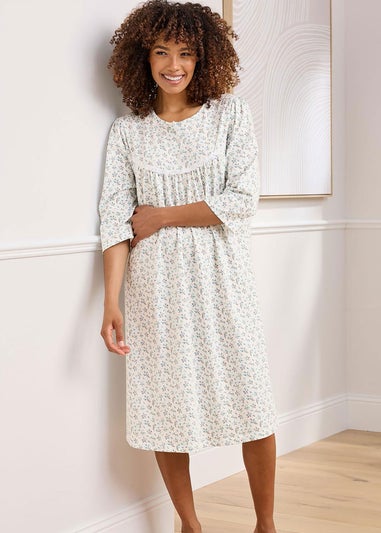 Cotton Traders Warm Cream Cotton Button Front 1/2 Sleeve Nighdress