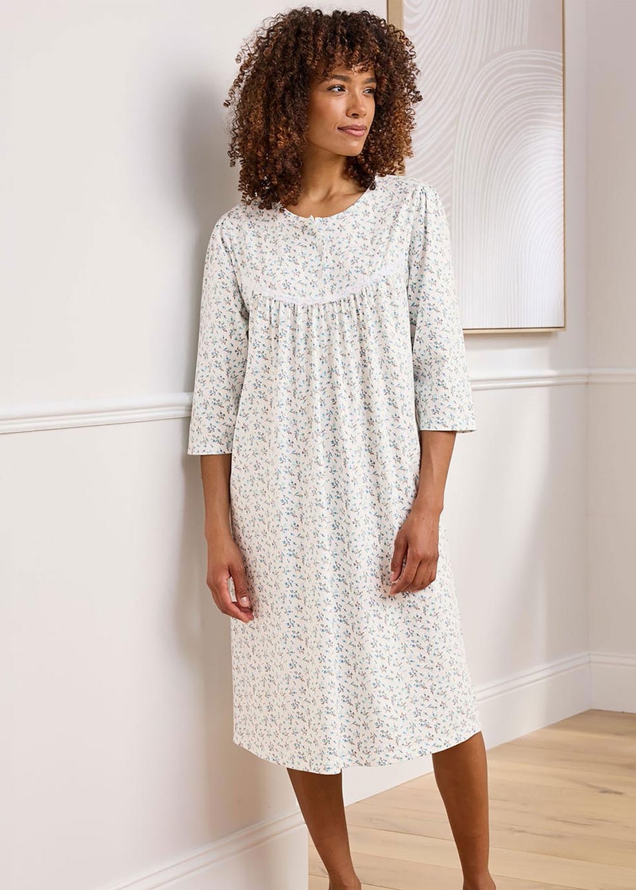 Cotton Traders Warm Cream Cotton Button Front 1/2 Sleeve Nighdress