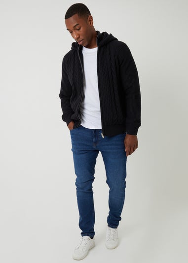 Threadbare Black Cable Knit Microfleece Lined Zip Through Hoodie