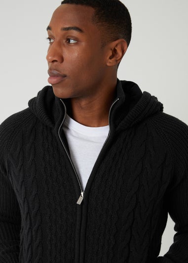 Threadbare Black Cable Knit Microfleece Lined Zip Through Hoodie