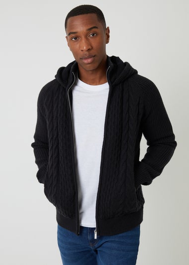 Threadbare Black Cable Knit Microfleece Lined Zip Through Hoodie
