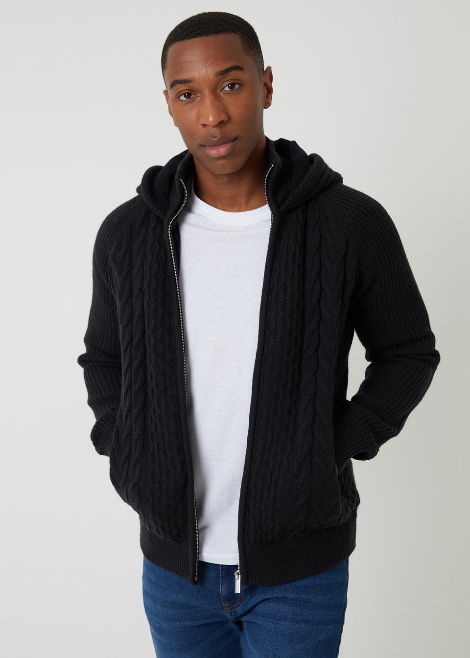 Threadbare Black Cable Knit Microfleece Lined Zip Through Hoodie