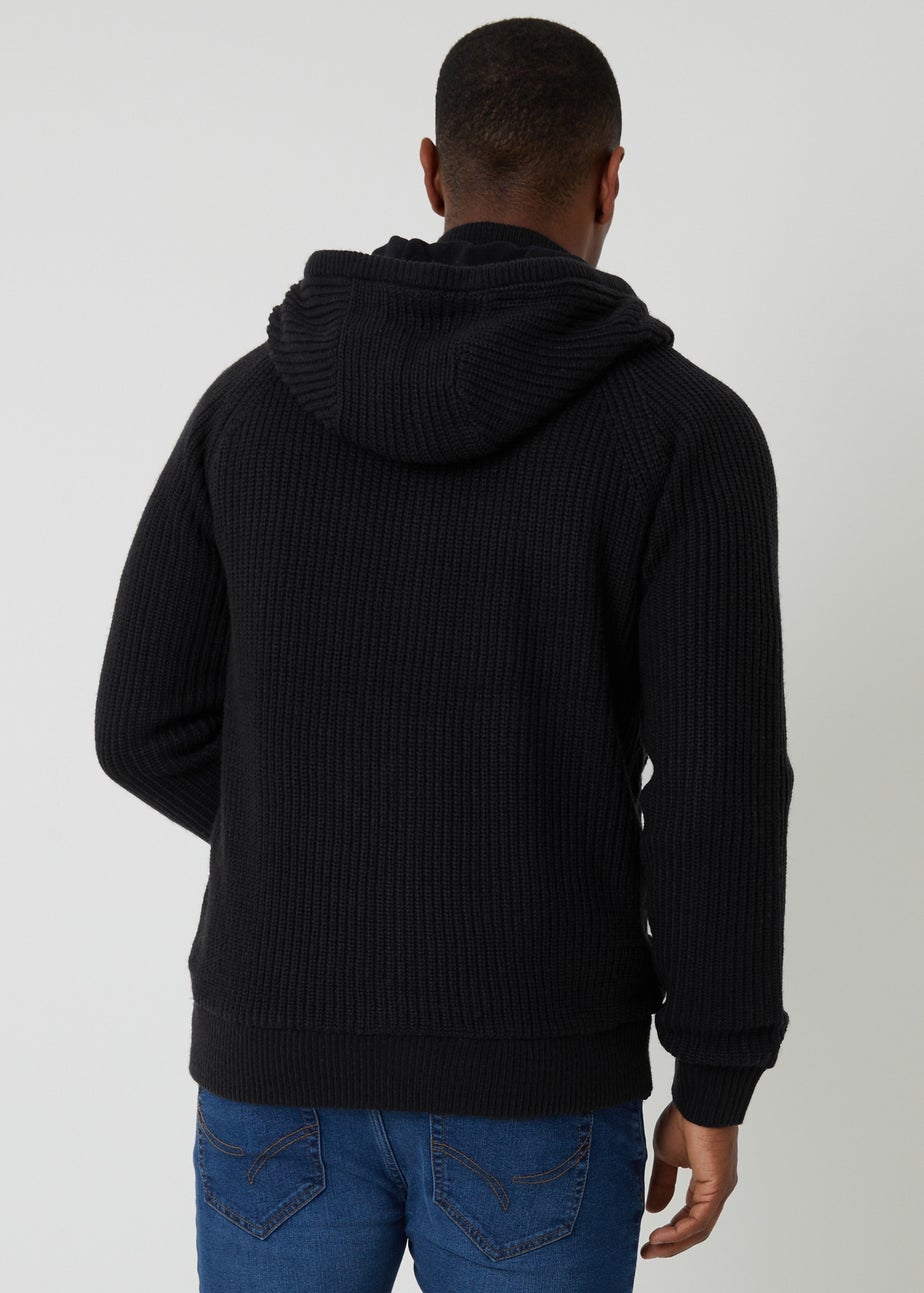 Threadbare Black Cable Knit Microfleece Lined Zip Through Hoodie