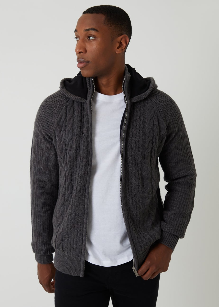 Threadbare Charcoal Cable Knit Microfleece Lined Zip Through Hoodie