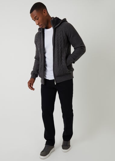 Threadbare Charcoal Cable Knit Microfleece Lined Zip Through Hoodie