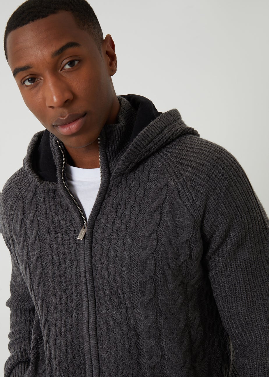 Threadbare Charcoal Cable Knit Microfleece Lined Zip Through Hoodie