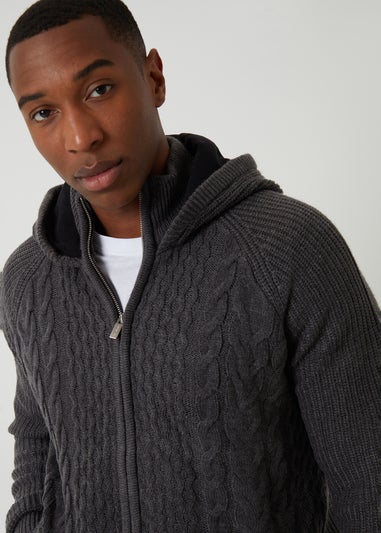 Threadbare Charcoal Cable Knit Microfleece Lined Zip Through Hoodie