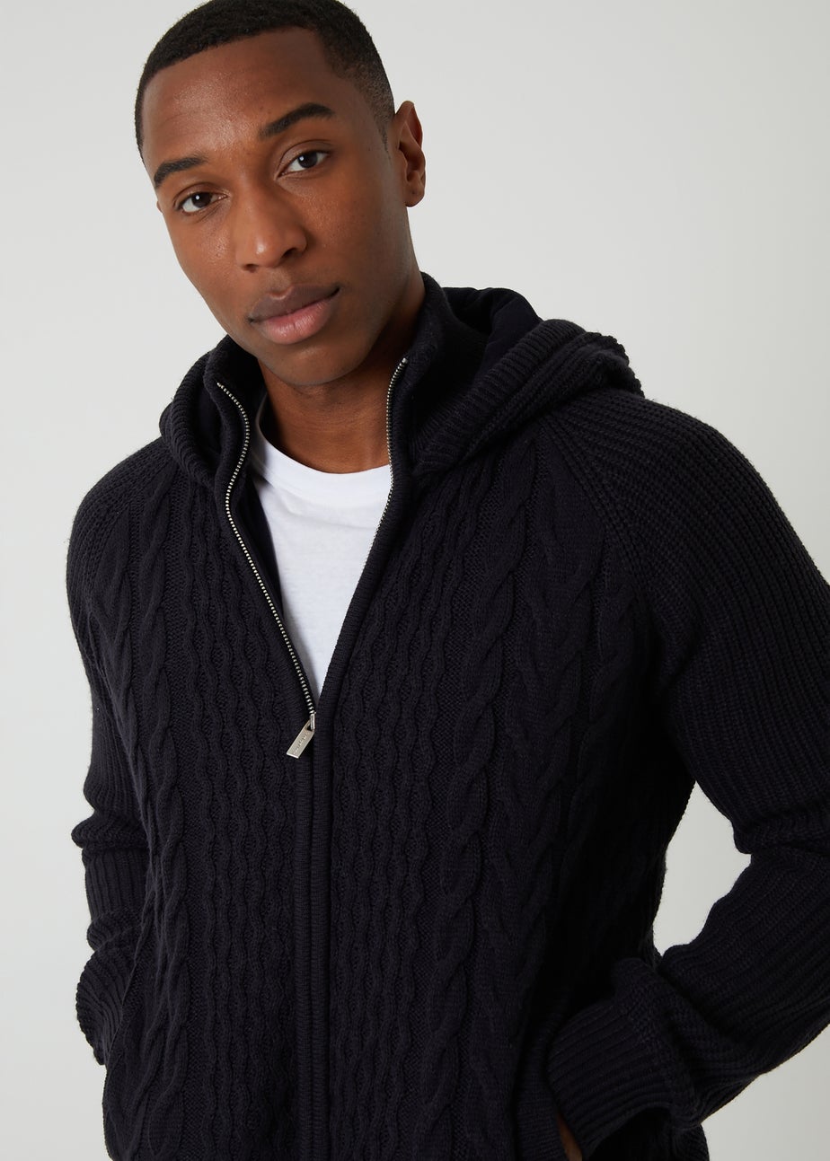 Threadbare Navy Cable Knit Microfleece Lined Zip Through Hoodie