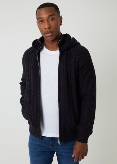 Threadbare Navy Cable Knit Microfleece Lined Zip Through Hoodie