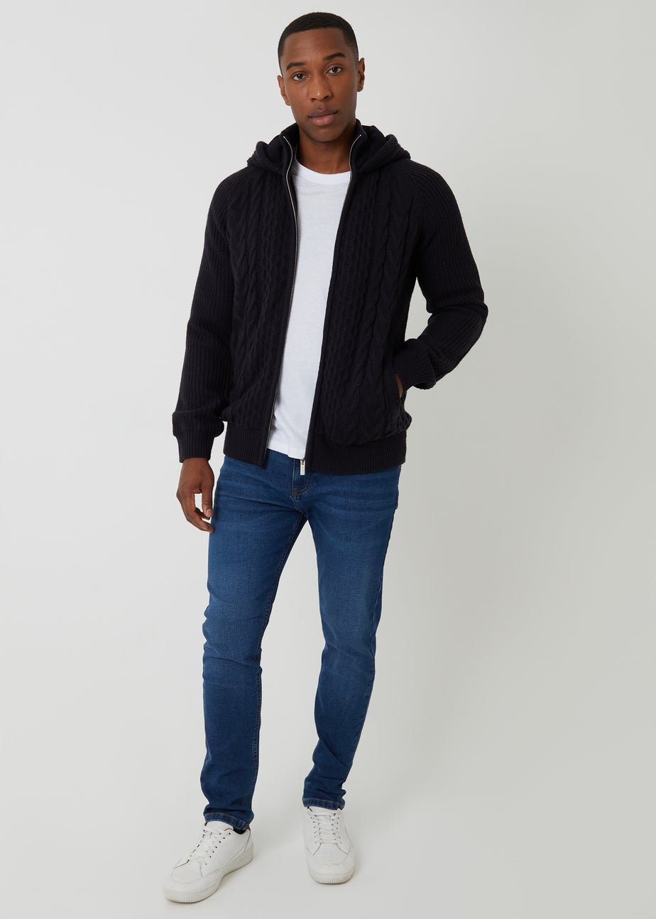 Threadbare Navy Cable Knit Microfleece Lined Zip Through Hoodie