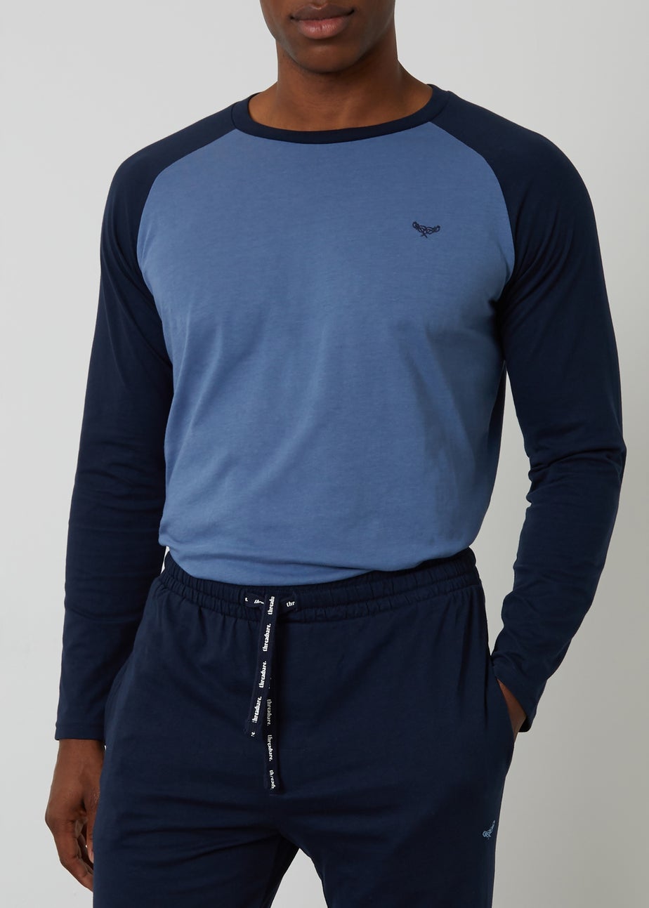Threadbare Blue Cotton Blend Contrast Sleeve Pyjama Set