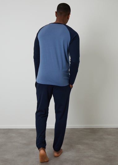 Threadbare Blue Cotton Blend Contrast Sleeve Pyjama Set