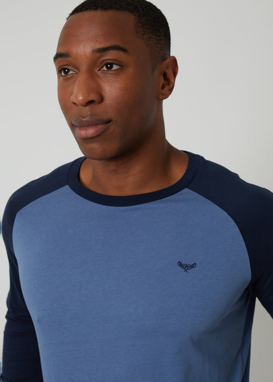 Threadbare Blue Cotton Blend Contrast Sleeve Pyjama Set