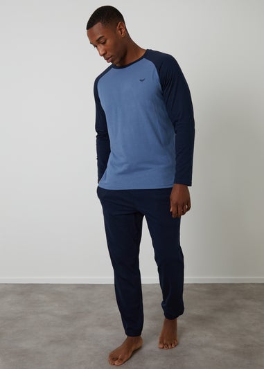 Threadbare Blue Cotton Blend Contrast Sleeve Pyjama Set
