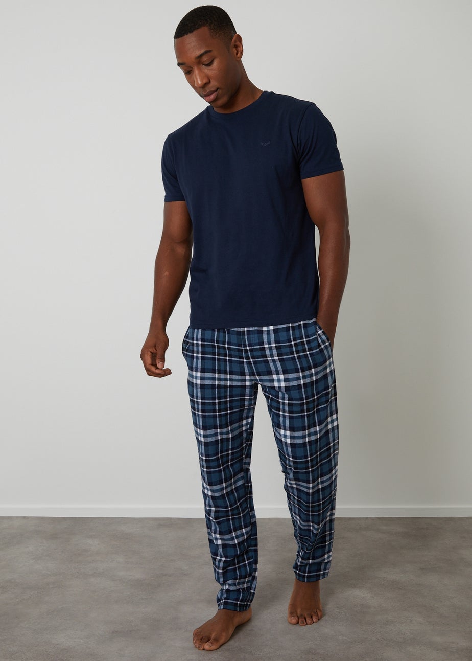 Threadbare Navy Cotton Blend Check Pyjama Set