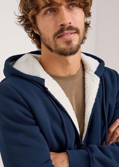 Cotton Traders Dark Blue Fleece Lined Zip Through Jersey Jacket