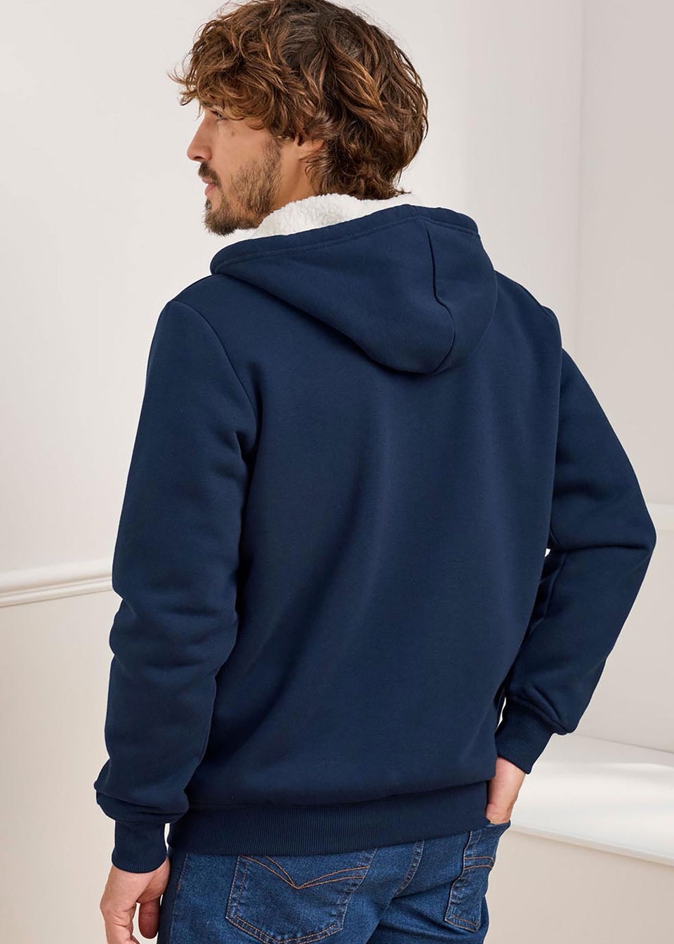 Cotton Traders Dark Blue Fleece Lined Zip Through Jersey Jacket