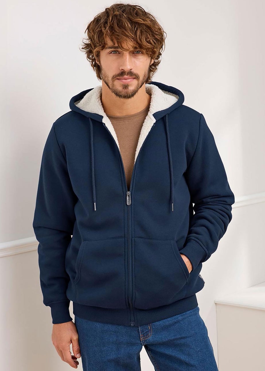 Cotton Traders Dark Blue Fleece Lined Zip Through Jersey Jacket