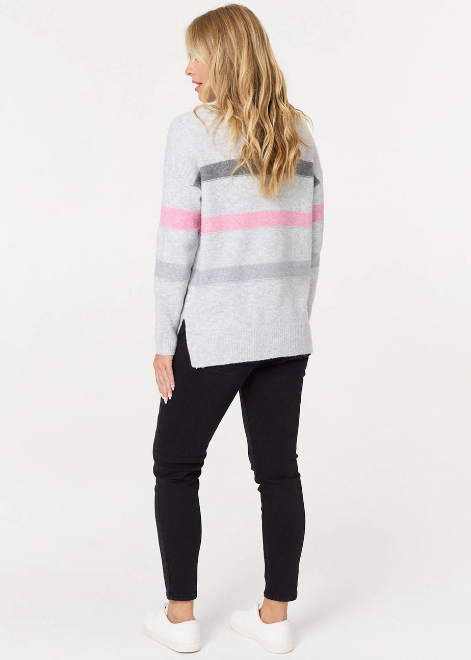 Izabel London Grey Striped High Neck Boxy Jumper