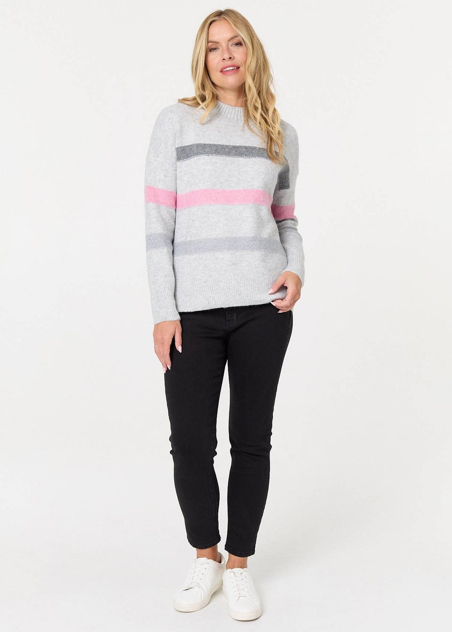 Izabel London Grey Striped High Neck Boxy Jumper
