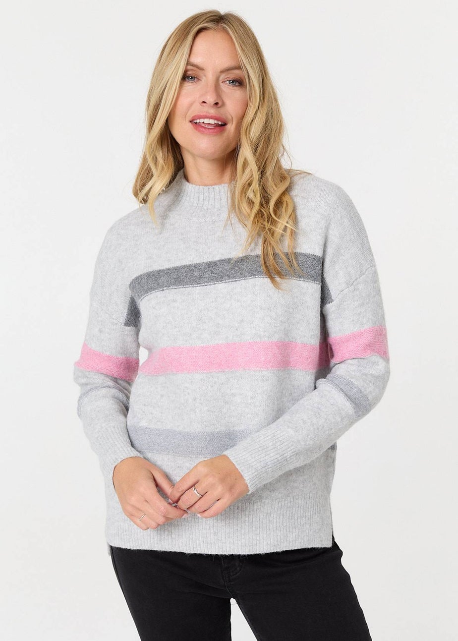 Izabel London Grey Striped High Neck Boxy Jumper