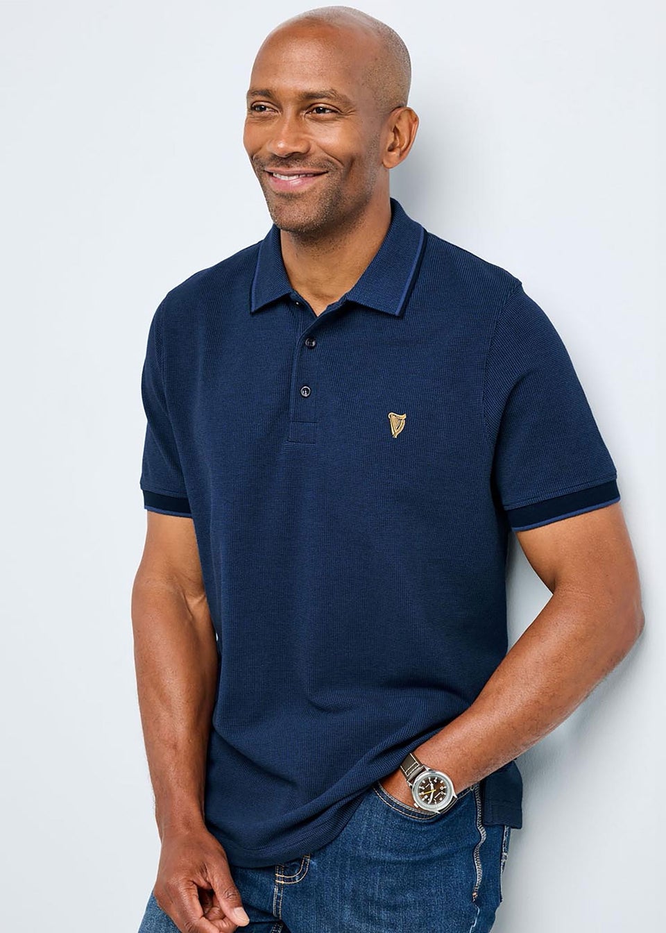 Cotton Traders Dark Blue Guinness Short Sleeve Textured Polo Shirt