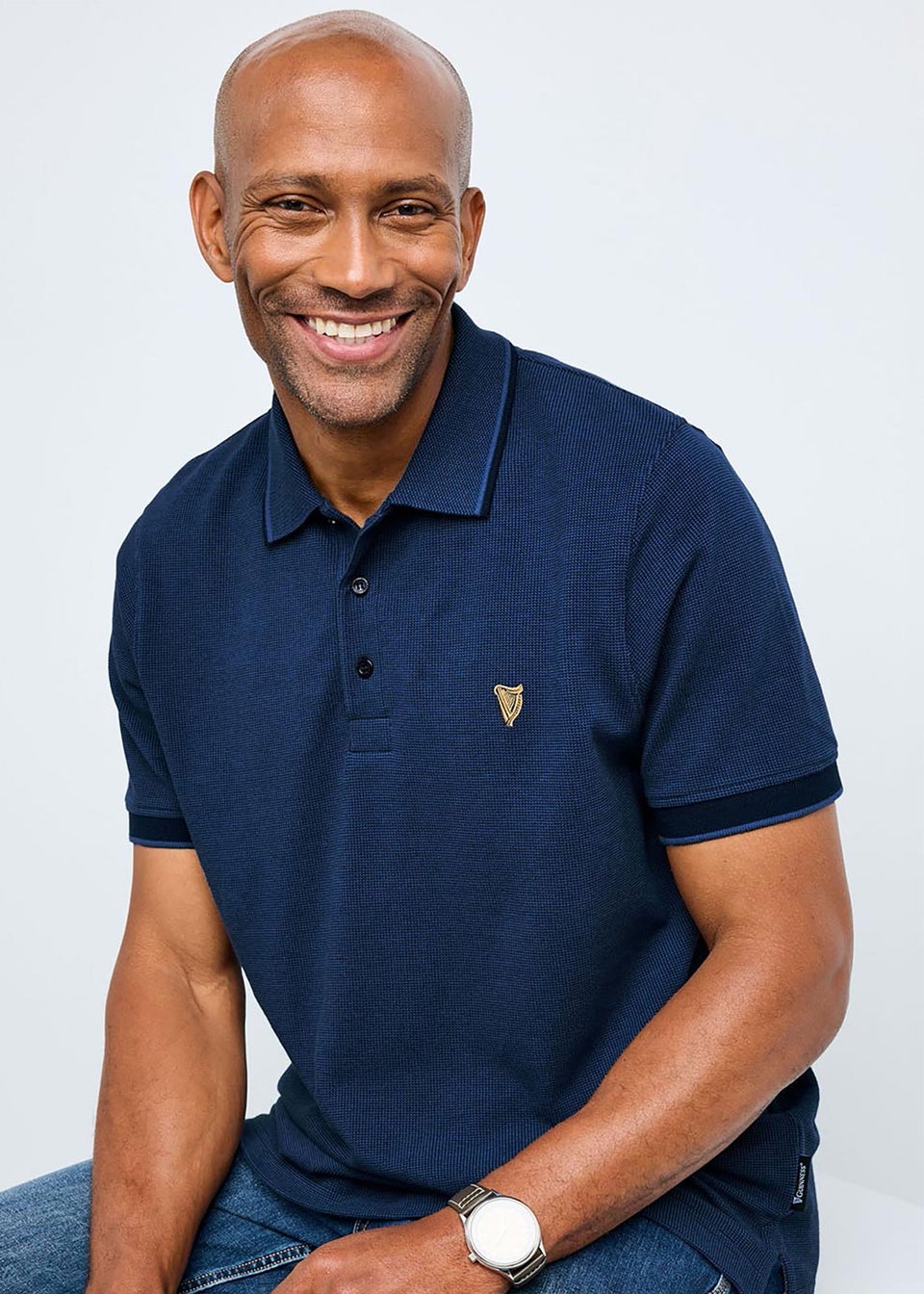 Cotton Traders Dark Blue Guinness Short Sleeve Textured Polo Shirt