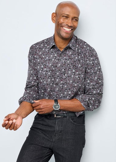 Cotton Traders Charcoal Grey Guinness Long Sleeve Soft Touch Ditsy Floral Print Shirt