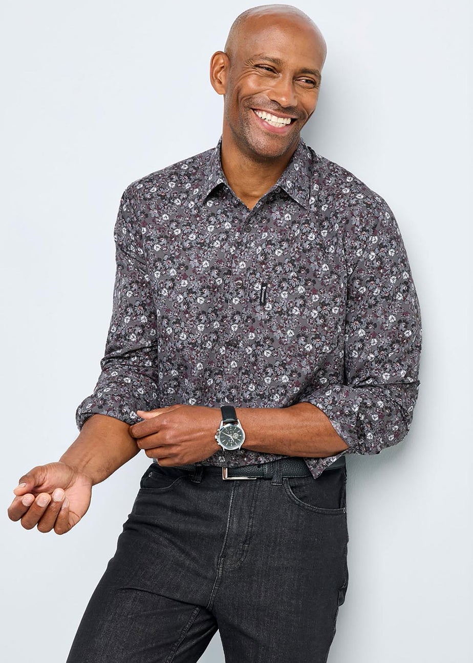 Cotton Traders Charcoal Grey Guinness Long Sleeve Soft Touch Ditsy Floral Print Shirt