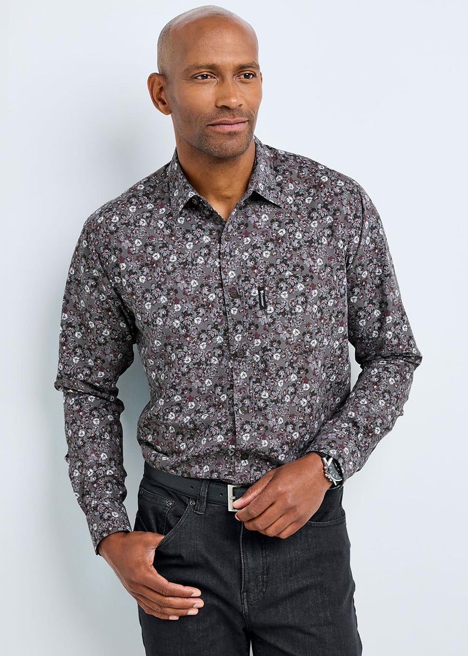Cotton Traders Charcoal Grey Guinness Long Sleeve Soft Touch Ditsy Floral Print Shirt