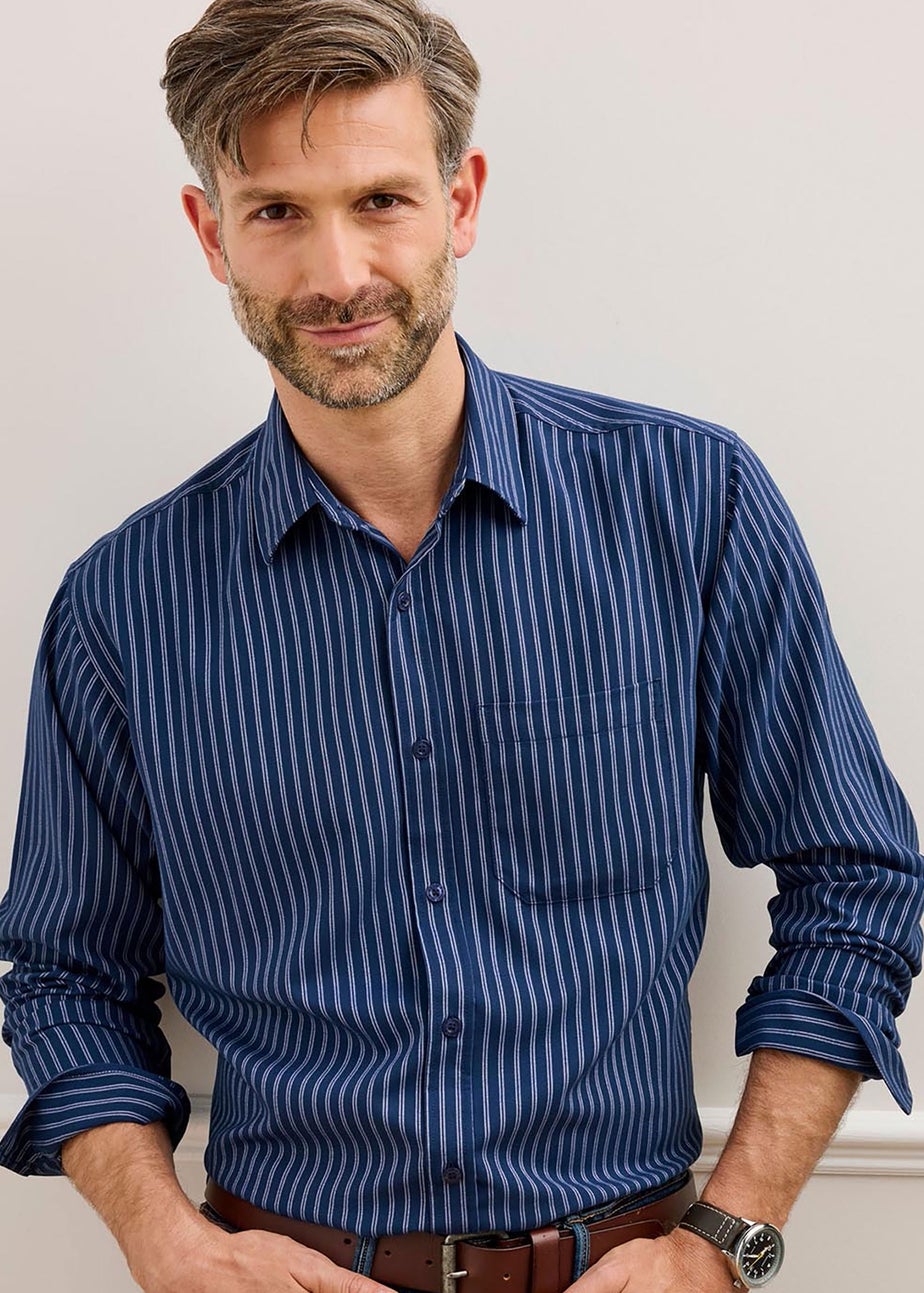 Cotton Traders Dark Blue Luxury Long Sleeve Soft Touch Yarn Dyed Shirt