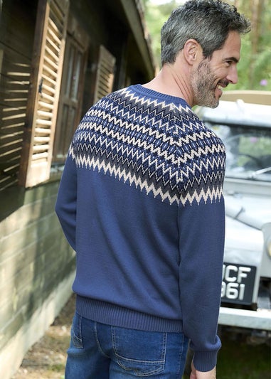 Cotton Traders Dark Aegean Cotton Fair Isle Crew Neck Jumper
