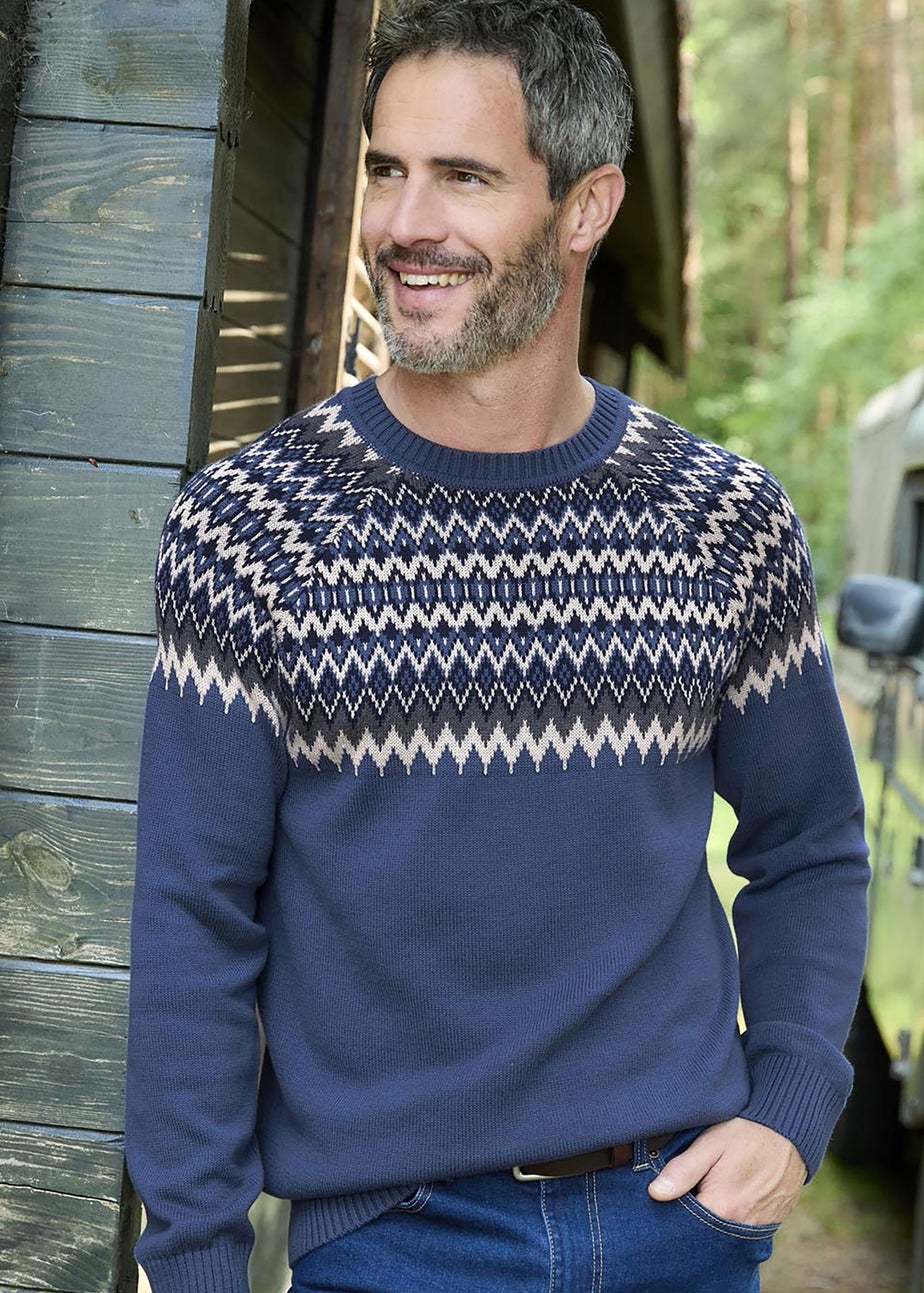 Cotton Traders Dark Aegean Cotton Fair Isle Crew Neck Jumper