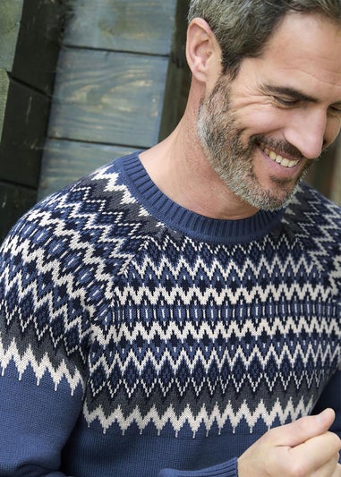 Cotton Traders Dark Aegean Cotton Fair Isle Crew Neck Jumper