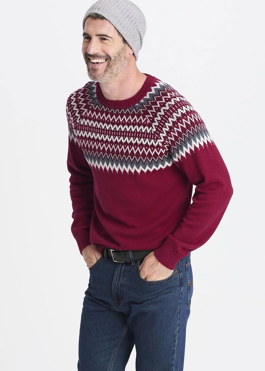 Cotton Traders Crimson Cotton Fair Isle Crew Neck Jumper