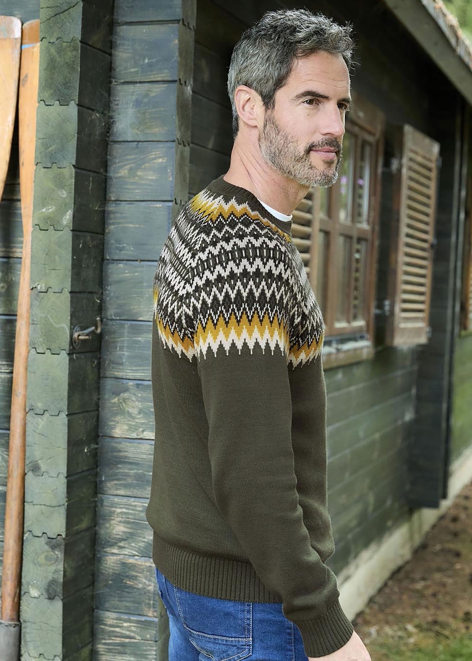 Cotton Traders Soft Khaki Cotton Fair Isle Crew Neck Jumper