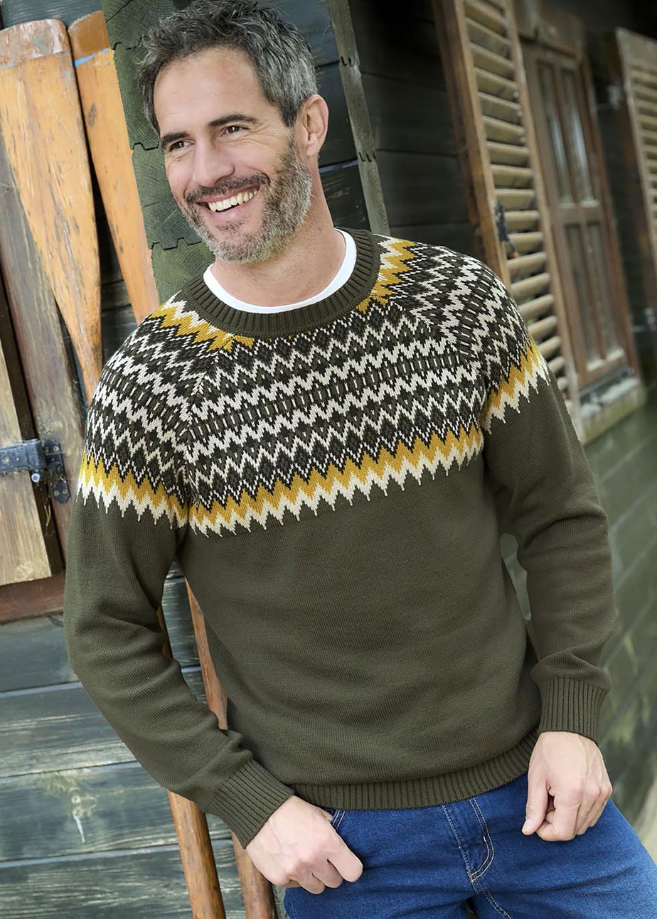 Cotton Traders Soft Khaki Cotton Fair Isle Crew Neck Jumper