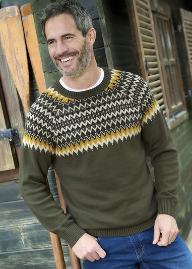 Cotton Traders Soft Khaki Cotton Fair Isle Crew Neck Jumper