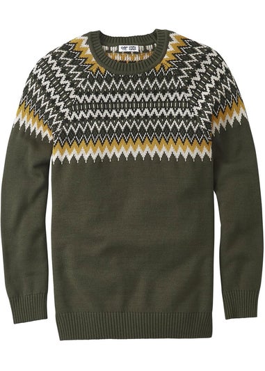 Cotton Traders Soft Khaki Cotton Fair Isle Crew Neck Jumper
