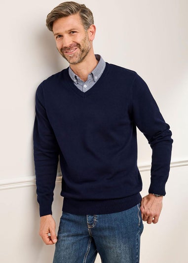 Cotton Traders Midnight Blue Luxury Cotton V-Neck Mock Shirt Jumper
